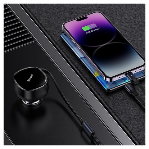 Автомобільний зарядний пристрій Baseus Enjoyment Retractable 2-in-1, чорне, Quick Charge, з кабелем, 30 Вт, 12-24 B, #CGTX000001 Прев'ю 1