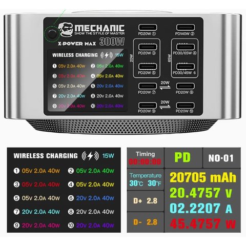 Мережевий зарядний пристрій Mechanic X-Power Max, 300 Вт, Power Delivery (PD), з безпровідною зарядкою, 10 портів Прев'ю 2