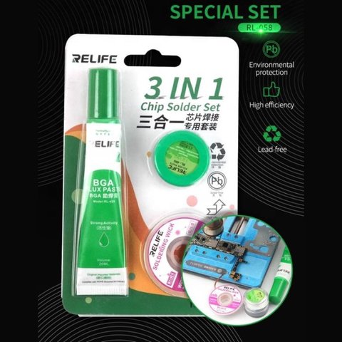 Набір для паяння мікросхем RELIFE RL-058, паста BGA, паяльна паста 183°С, очисник припою, 3 in 1 Прев'ю 1